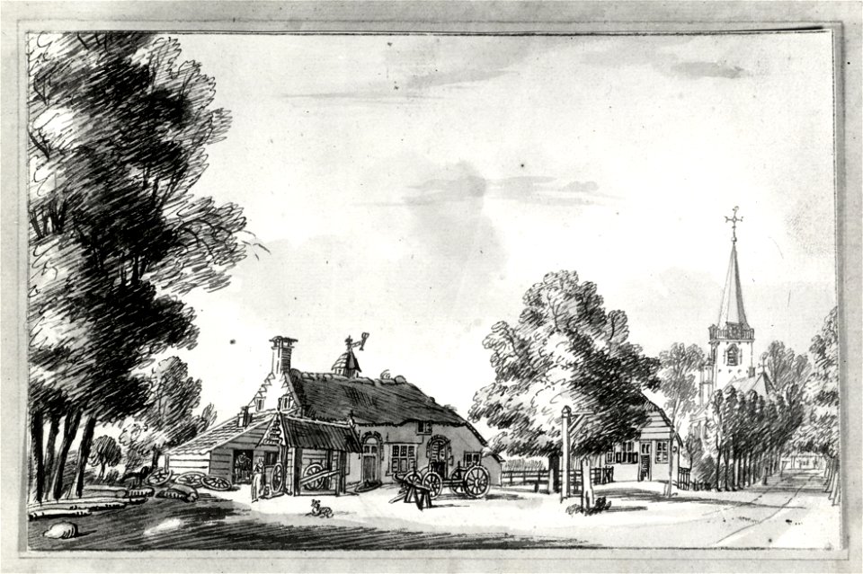 HUA-107607-Gezicht in het dorp Maartensdijk met een wagenmakerij en op de achtergrond de Nederlands Hervormde kerk