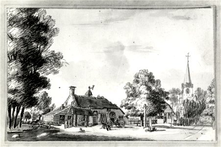 HUA-107607-Gezicht in het dorp Maartensdijk met een wagenmakerij en op de achtergrond de Nederlands Hervormde kerk