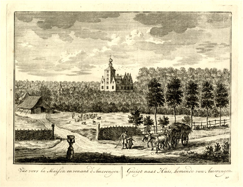 HUA-136039-Gezicht op de zij en de achtergevel van het kasteel Zuilenstein bij Amerongen met middenachter het poortgebouw en links een schaapskooi uit het oosten