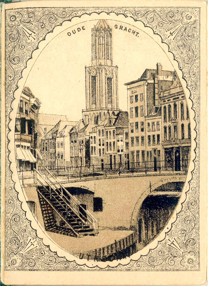 HUA-135045-Gezicht op de Oudegracht te Utrecht met de Bakkerbrug en de huizen aan de zuidzijde van de gracht met op de achtergrond de Domtoren