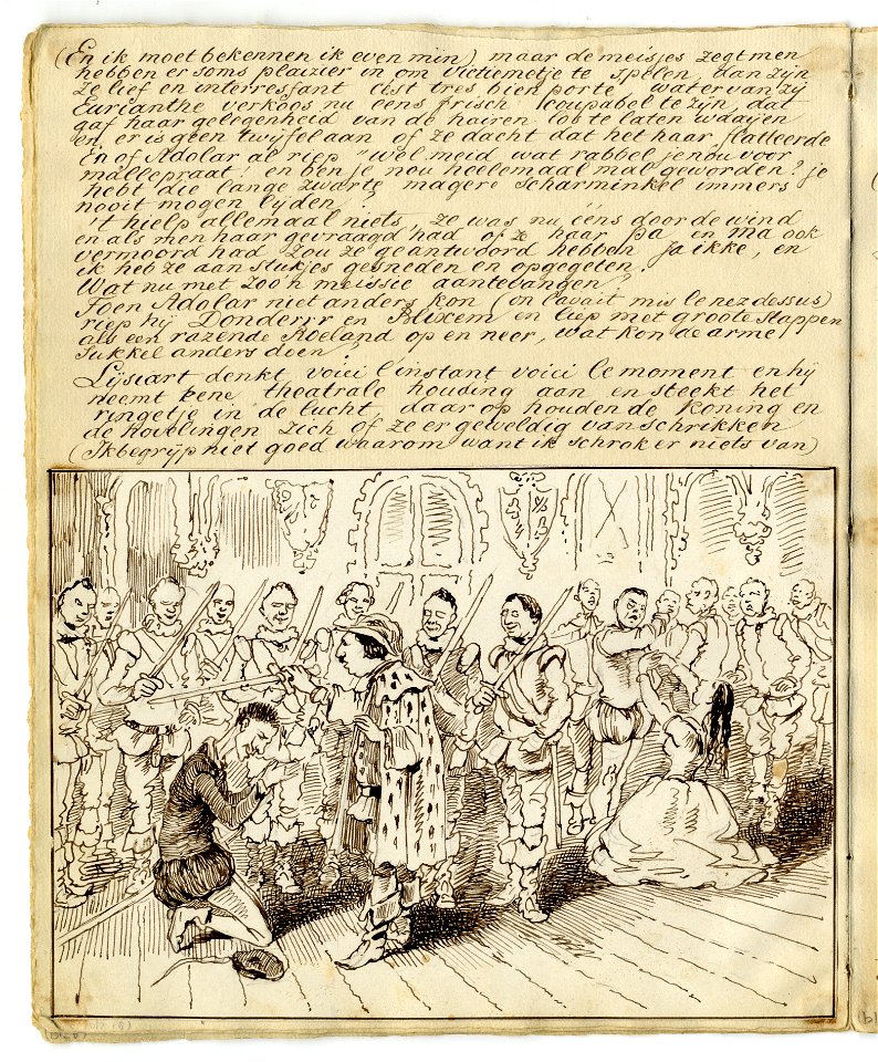HUA-135572-Afbeelding van een pagina met een tekening van een scene uit de opera Euryanthe van Carl Maria von Weber op 25 maart 1861 in de Utrechtse schouwburg u