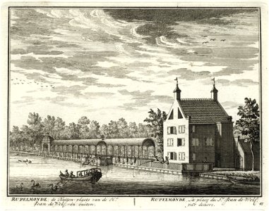 HUA-135734-Gezicht over de Vecht op de buitenplaats Rupelmonde bij Nieuwersluis met langs het water een loofgang eindigend in een prieel
