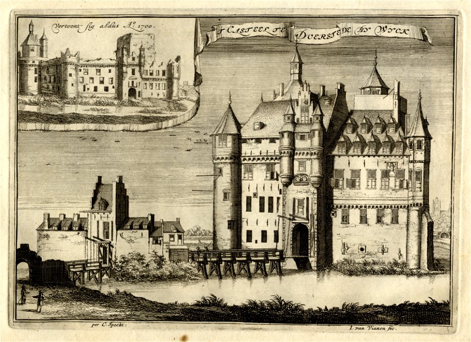 HUA-135330-Gezicht op de voorgevel en het poortgebouw van het kasteel Duurstede te Wijk bij Duurstede in welstand Linksboven een inzet met een afbeelding van de 