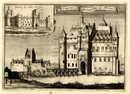 HUA-135330-Gezicht op de voorgevel en het poortgebouw van het kasteel Duurstede te Wijk bij Duurstede in welstand Linksboven een inzet met een afbeelding van de 