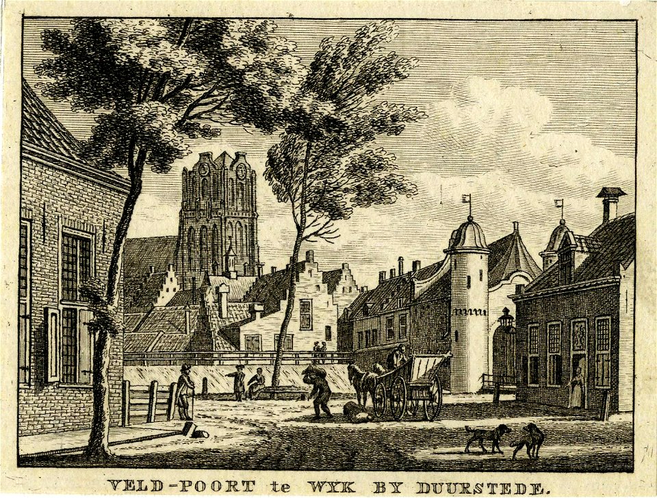 HUA-200165-Gezicht op Wijk bij Duurstede met rechts de Veldpoort en op de achtergrond de toren van de Grote Kerk