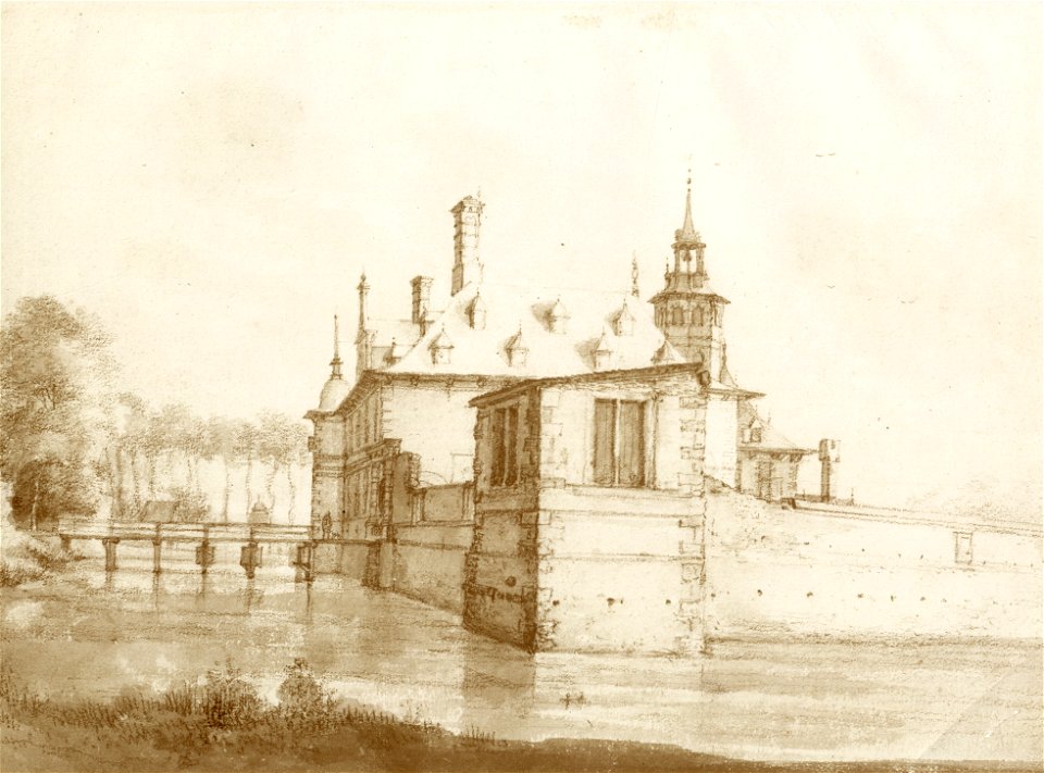 HUA-107441-Gezicht op het omgrachte kasteel Plettenburg bij Jutphaas uit het noordoosten met links de brug naar de voorburchtNB De gemeenten Jutphaas en Vreeswij