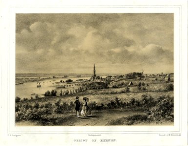 HUA-200143-Gezicht op de Rijn met Rhenen en omgeving uit het oosten met op de achtergrond de Betuwe en de gierpont in de Rijn