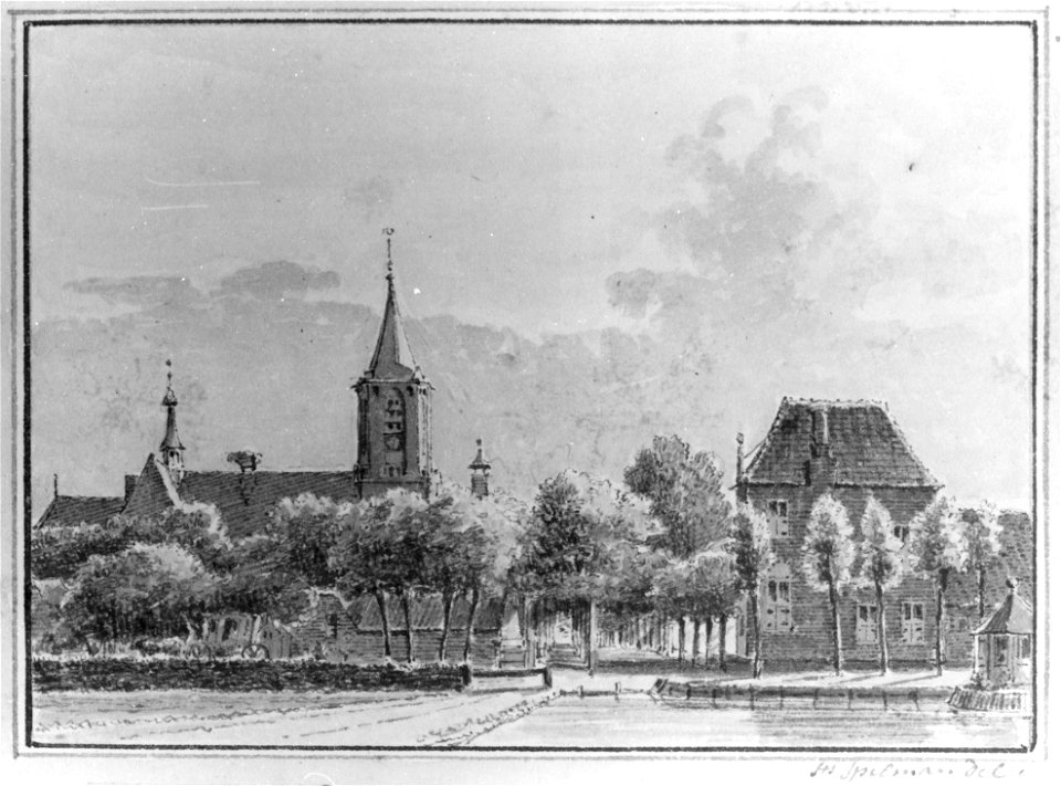 HUA-107673-Gezicht in het dorp Bunschoten met de Nederlands Hervormde kerk in het midden een doorkijk in de Dorpsstraat en op de voorgrond een hoek van de Kolk d