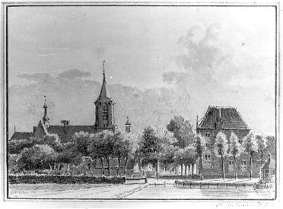 HUA-107673-Gezicht in het dorp Bunschoten met de Nederlands Hervormde kerk in het midden een doorkijk in de Dorpsstraat en op de voorgrond een hoek van de Kolk d