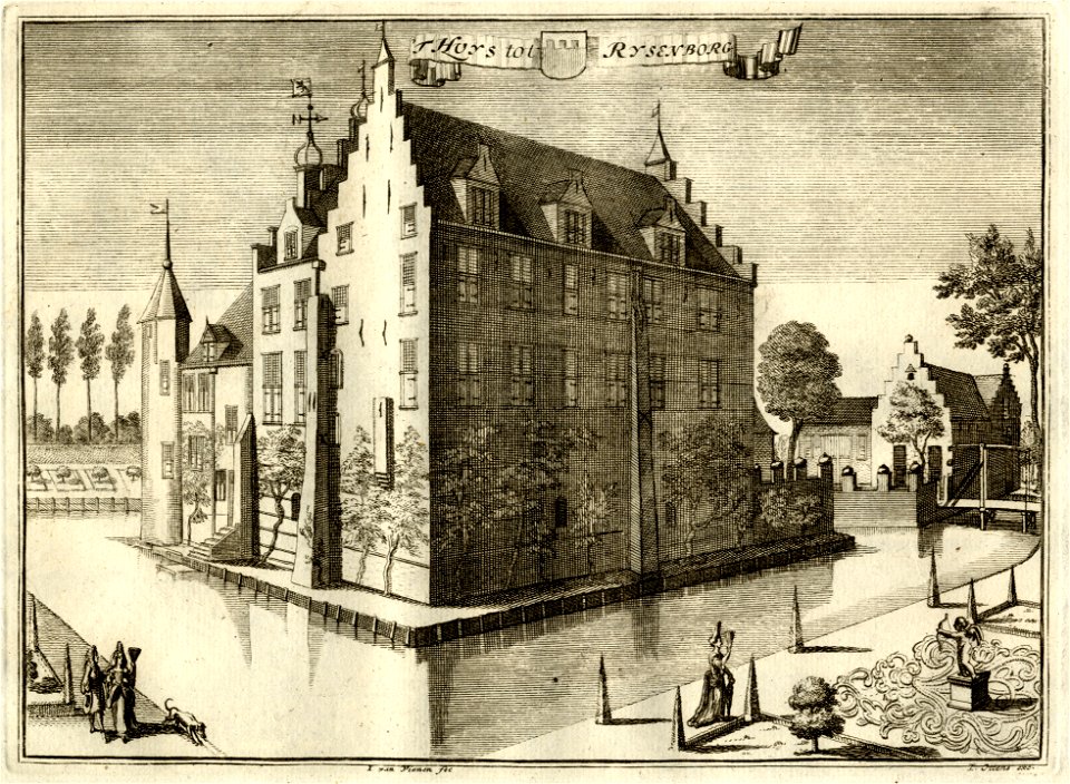 HUA-135385-Gezicht op het omgrachte kasteel Rijsenburg bij Driebergen met rechts op de achtergrond de bebouwing op de voorburchtNB De gemeenten Driebergen en Rij