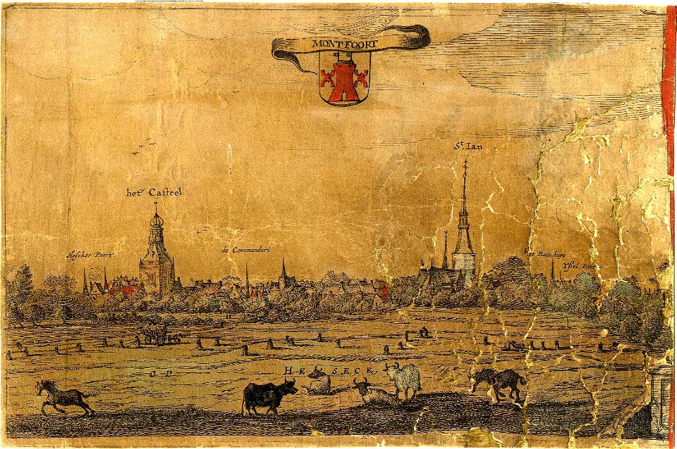 HUA-200217-Profiel van Montfoort vanuit de Heeswijkse polder aangeduid als Heseck uit het noordoosten met links het kasteel en rechts de Janskerk Middenboven het