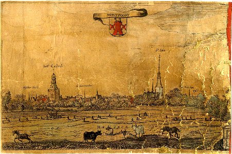 HUA-200217-Profiel van Montfoort vanuit de Heeswijkse polder aangeduid als Heseck uit het noordoosten met links het kasteel en rechts de Janskerk Middenboven het