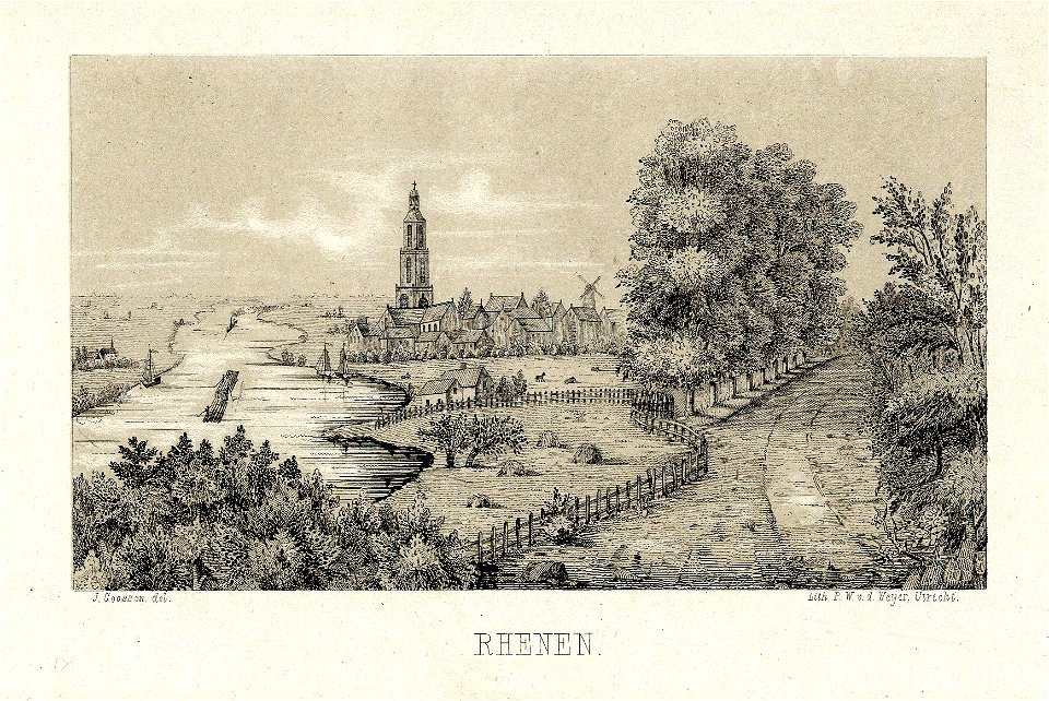 HUA-200104-Gezicht op Rhenen uit het oosten met links de Rijn en rechts de Cuneralaan