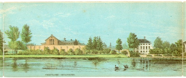 HUA-135003-Gezicht op de gevangenis aan het Wolvenplein te Utrecht op het vroegere bolwerk Wolvenburg met rechts een huis op de afgegraven stadswal bij de Wolven