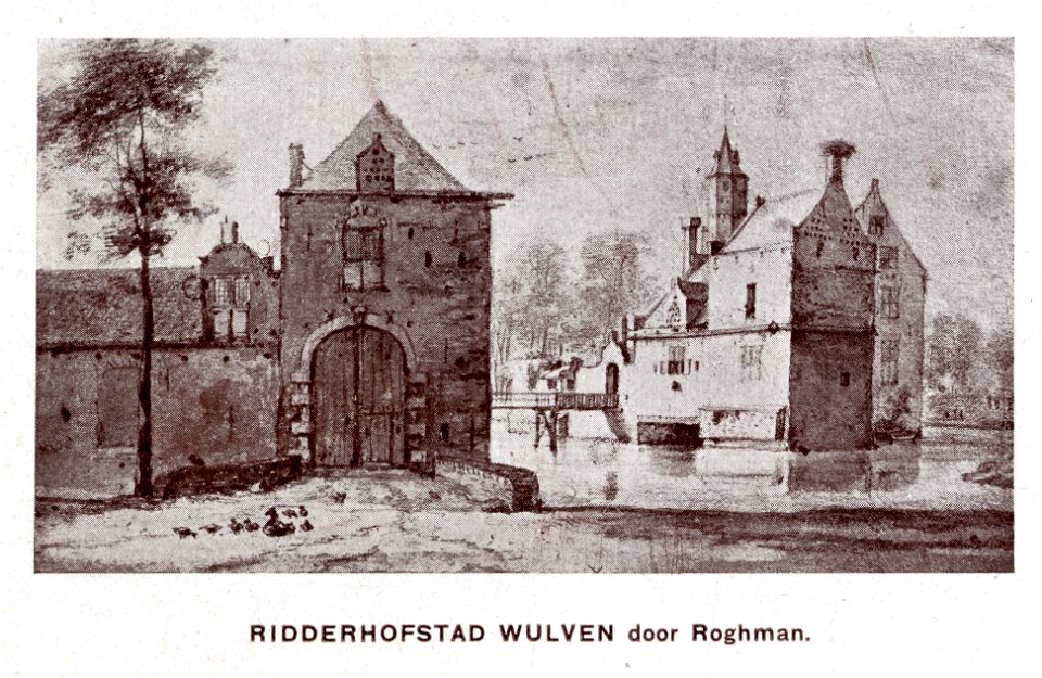 HUA-107512-Gezicht op het omgrachte kasteel Wulven te Houten uit het noordoosten met op de voorgrond het poortgebouw en een dienstgebouw
