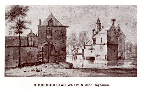 HUA-107512-Gezicht op het omgrachte kasteel Wulven te Houten uit het noordoosten met op de voorgrond het poortgebouw en een dienstgebouw