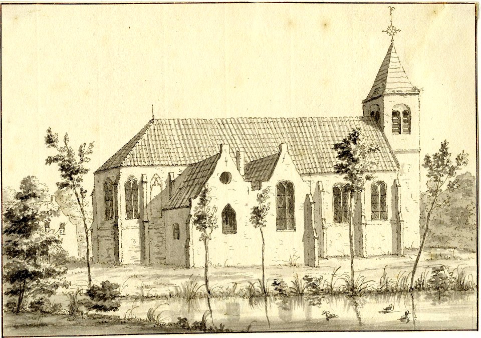 HUA-200312-Gezicht op de NH kerk van Ter Aa uit het noordoosten met op de voorgrond een vijverNB De naam Ter Aa is later gewijzigd in Nieuwer Ter Aa Nieuwer Ter 