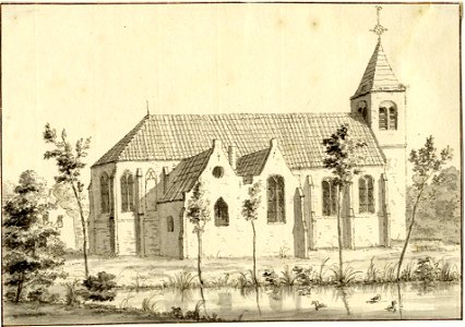 HUA-200312-Gezicht op de NH kerk van Ter Aa uit het noordoosten met op de voorgrond een vijverNB De naam Ter Aa is later gewijzigd in Nieuwer Ter Aa Nieuwer Ter 