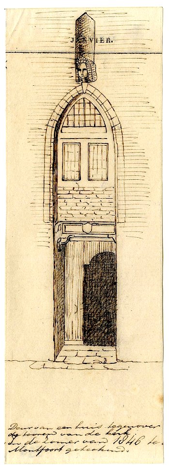 HUA-200306-Afbeelding van een gedeelte van de voorgevel van een huis tegenover de toren van de Janskerk te Montfoort