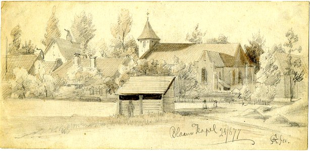 HUA-200444-Gezicht op enkele huizen en de Nederlands Hervormde kerk te Blauwkapel vanuit het zuidoosten