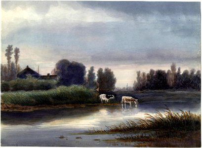 HUA-200339-Gezicht op een boerderij half verscholen in het groen en twee koeien aan de oever van de rivier het Gein met aan de horizon de kerktoren van Abcoude