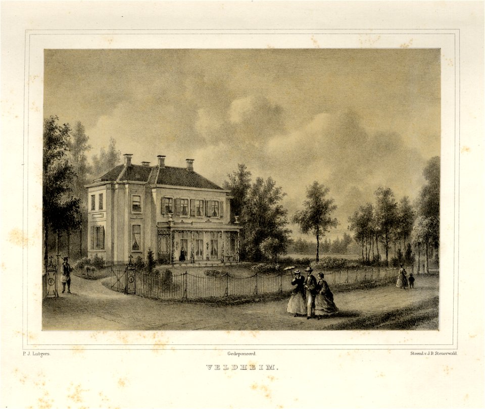 HUA-135866-Gezicht op de zij en de voorgevel van het huis Veldheim bij Zeist in de omringende tuin