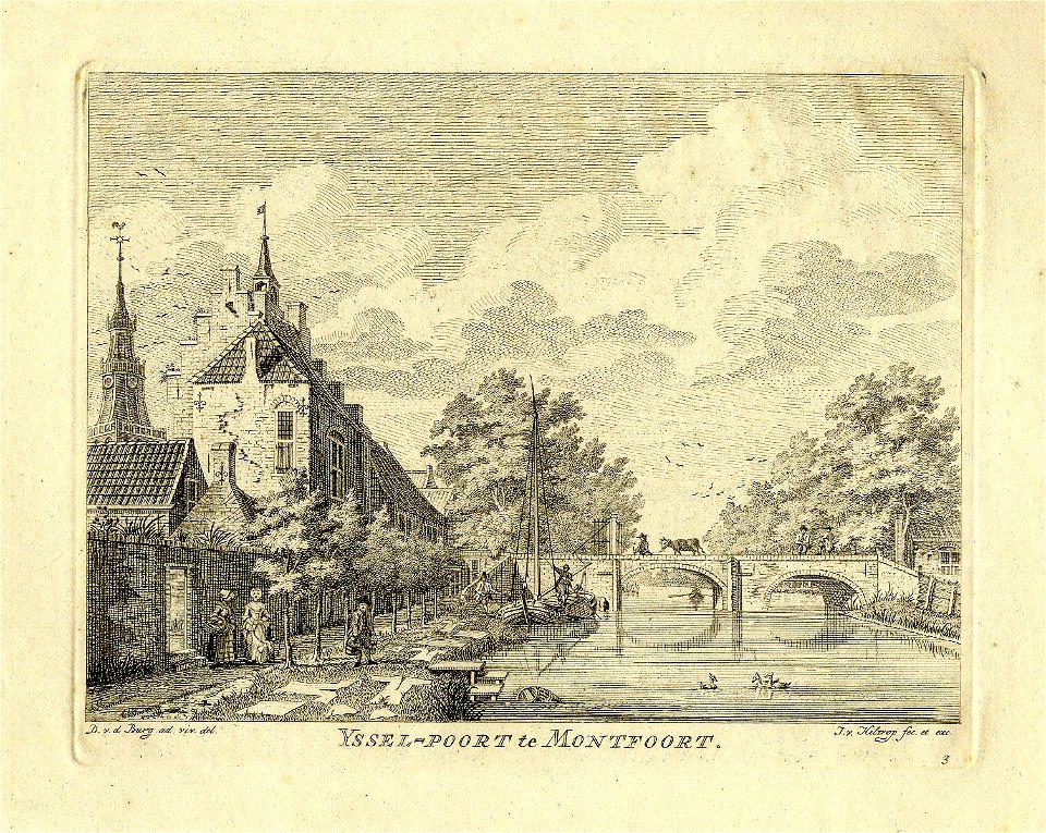 HUA-200225-Gezicht op de Hollandse IJssel bij Montfoort met de IJsselpoort en het daartegenaan gebouwde raadhuis trapgevels en op de achtergrond de toren van de 