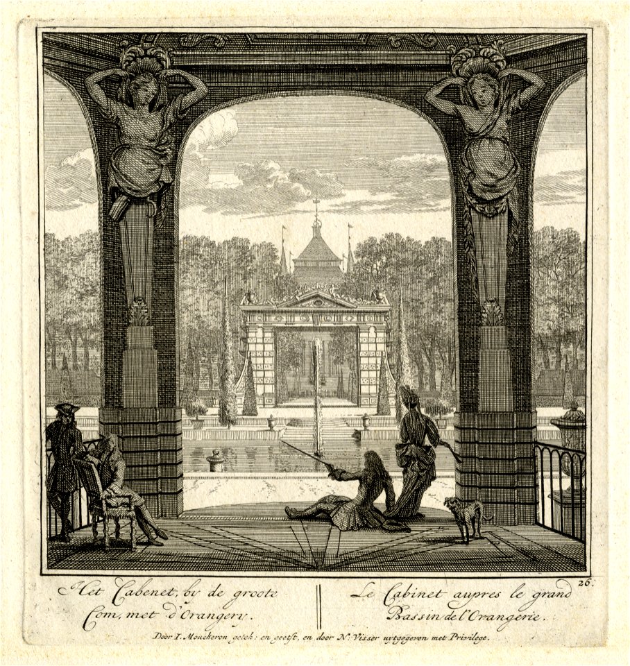 HUA-135975-Gezicht vanuit het paviljoen aan het zuidwestelijke einde van de tuin van de buitenplaats Heemstede te Houten over de grote vijver op de poort met wat