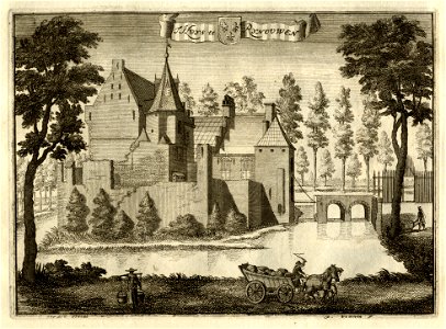 HUA-135338-Gezicht op het omgrachte kasteel Rhijnauwen te Bunnik uit het noorden met rechts de brug naar de voorburcht. Free illustration for personal and commercial use.