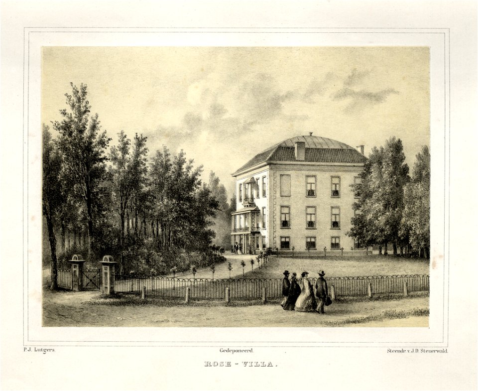 HUA-135882-Gezicht op de voor en de zijgevel van het huis Rose Villa en de omringende landschapstuin te DriebergenNB In 1945 is de villa gebombardeerd en daarna 