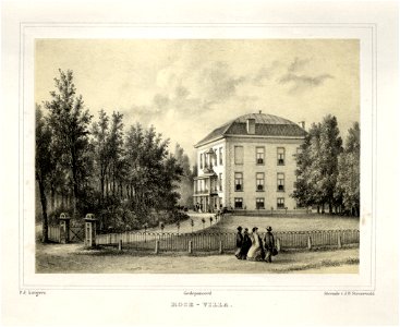 HUA-135882-Gezicht op de voor en de zijgevel van het huis Rose Villa en de omringende landschapstuin te DriebergenNB In 1945 is de villa gebombardeerd en daarna 