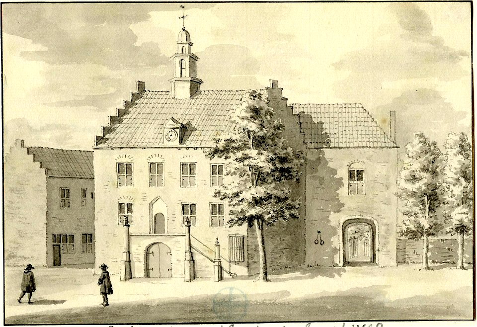 HUA-200230-Gezicht op het raadhuis en de IJsselpoort te Montfoort vanaf de stadszijde uit het zuidoosten