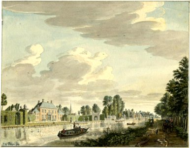HUA-200449-Gezicht vanaf het Zandpad langs de Vecht over de rivier op de buitenplaats Boom en Bos bij Breukelen vanuit het zuidoosten met op de voorgrond een tre