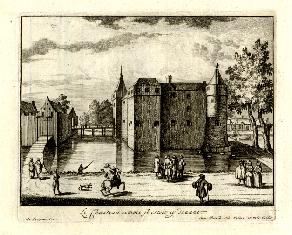 HUA-135935-Gezicht op het omgrachte kasteel Gunterstein te Breukelen uit het noorden met links een gedeelte van de voorburcht en rechts op de achtergrond de Vech
