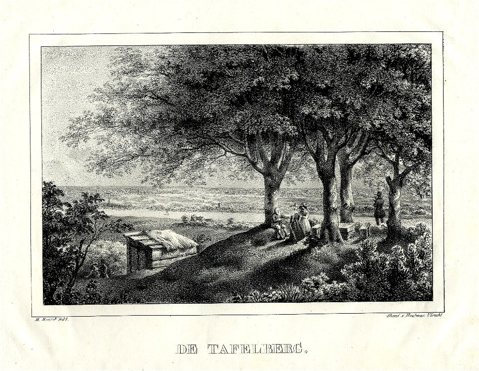 HUA-200138-Gezicht vanaf de Tafelberg of Heimenberg ten oosten van Rhenen met tussen de bomen de Koningstafel en op achtergrond de Rijn en de Betuwe uit het noor