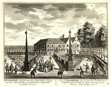 HUA-135738-Gezicht op de tuin en het huis Ouderhoek aan de Vecht bij Nieuwersluis tijdens het bezoek van Tsaar Peter de Grote en zijn gevolg in 1717