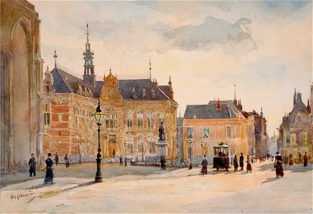 HUA-119813-Gezicht op de zuidoosthoek van het Munsterkerkhof te Utrecht met het Academiegebouw en rechts de ingang van de Korte Nieuwstraat uit het noordwesten N