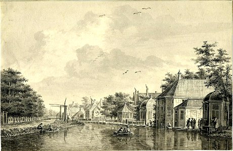 HUA-200450-Gezicht over de Vecht op het dorp Breukelen met een aantal huizen en theekoepels en links het Zandpad en de ophaalbrug over de Vecht