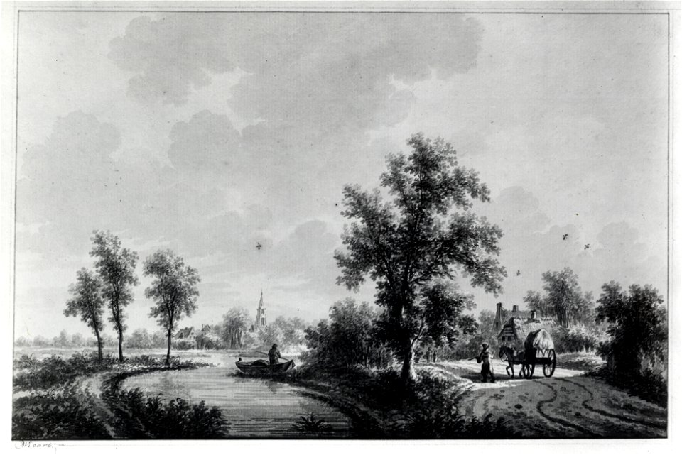 HUA-107568-Gezicht op een landschap met een riviertje en een weg daarlangs met op de achtergrond de kerktoren van Harmelen