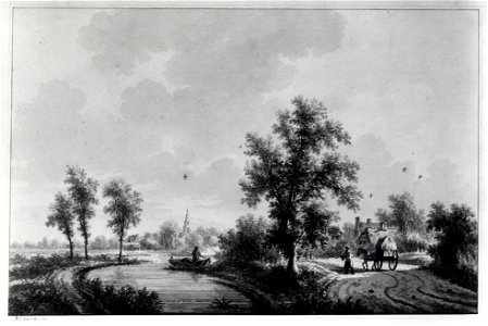 HUA-107568-Gezicht op een landschap met een riviertje en een weg daarlangs met op de achtergrond de kerktoren van Harmelen
