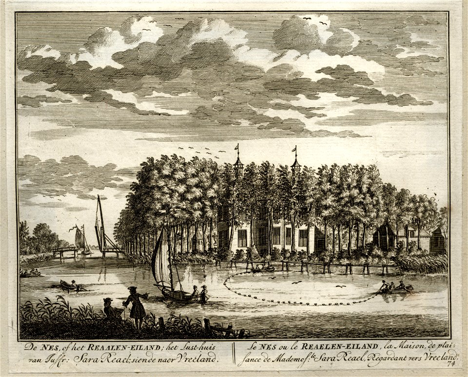 HUA-135659-Gezicht over de Vecht in de richting van Vreeland met tussen de bomen het Realeneiland met de zij en de achtergevel van het huis De Nes