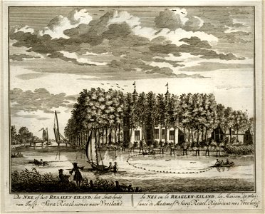 HUA-135659-Gezicht over de Vecht in de richting van Vreeland met tussen de bomen het Realeneiland met de zij en de achtergevel van het huis De Nes