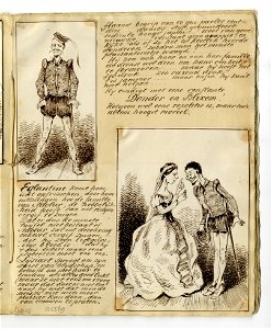 HUA-135569-Afbeelding van een pagina met twee tekeningen van personages uit de opera Euryanthe van Carl Maria von Weber op 25 maart 1861 in de Utrechtse schouwbu