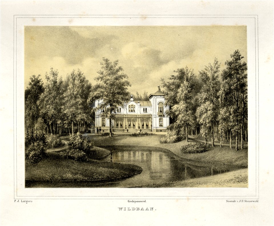 HUA-135890-Gezicht op de achtergevel van het huis De Wildbaan en zijn landschapstuin aan de Hoofdstraat te DriebergenNB In 1944 is de villa gebombardeerd en daar