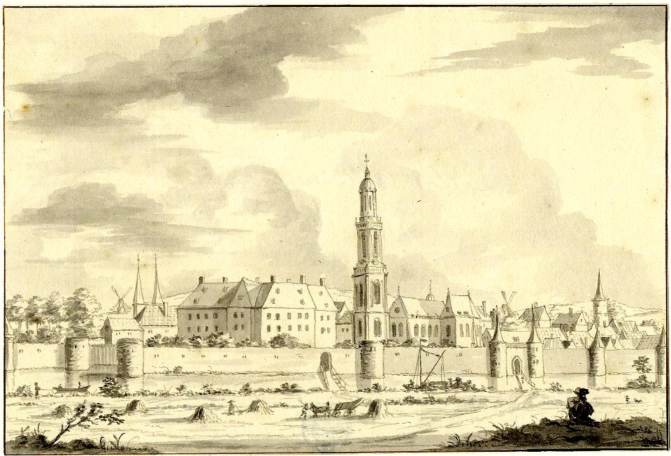 HUA-200096-Gezicht op Rhenen uit het zuidwesten met het paleis van koning Frederik van de Palts en de Cunerakerk