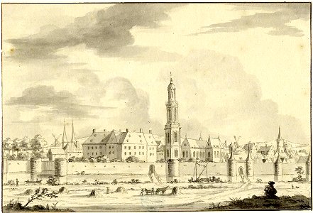 HUA-200096-Gezicht op Rhenen uit het zuidwesten met het paleis van koning Frederik van de Palts en de Cunerakerk