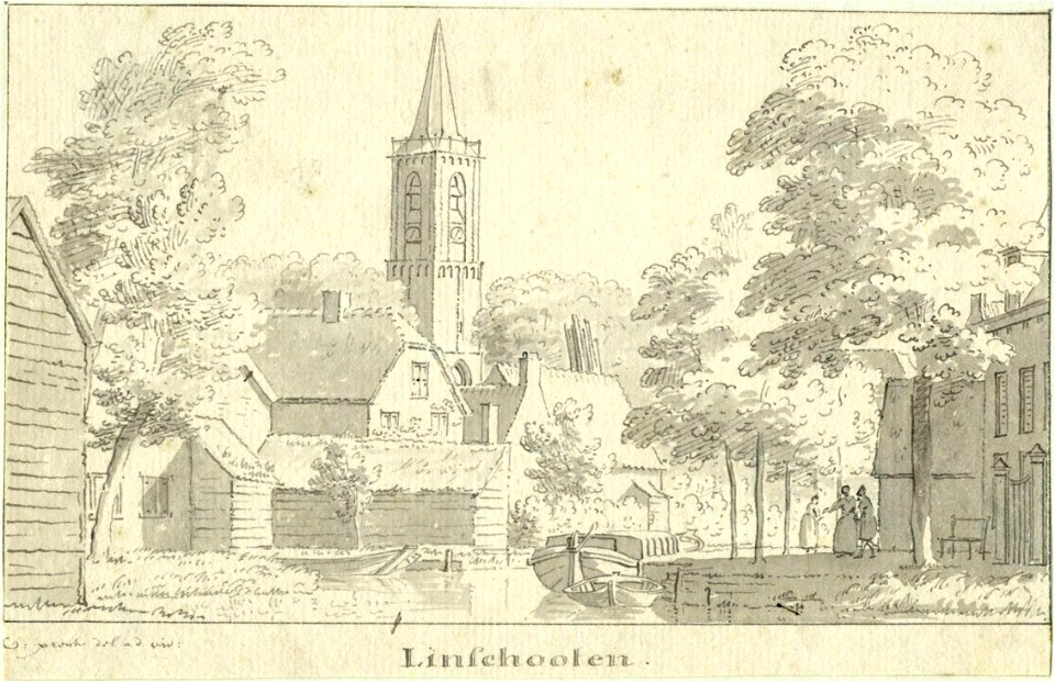 HUA-200645-Gezicht in het dorp Linschoten uit het noordwesten met op de voorgrond de rivier de Linschoten en op de achtergrond de toren van de Nederlands Hervorm