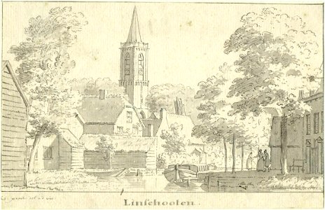 HUA-200645-Gezicht in het dorp Linschoten uit het noordwesten met op de voorgrond de rivier de Linschoten en op de achtergrond de toren van de Nederlands Hervorm