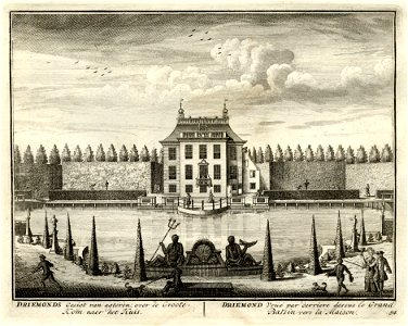 HUA-135679-Gezicht over de grote vijver op de achtergevel van het huis van de buitenplaats Driemond gelegen op de plaats waar de riviertjes het Gein de Gaasp en 