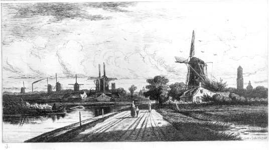 HUA-135091-Gezicht op de stad Utrecht uit het noordwesten vanaf de Leidseweg langs de Leidsche Vaart met van links naar rechts de hoge zaagmolen De Reus van hout